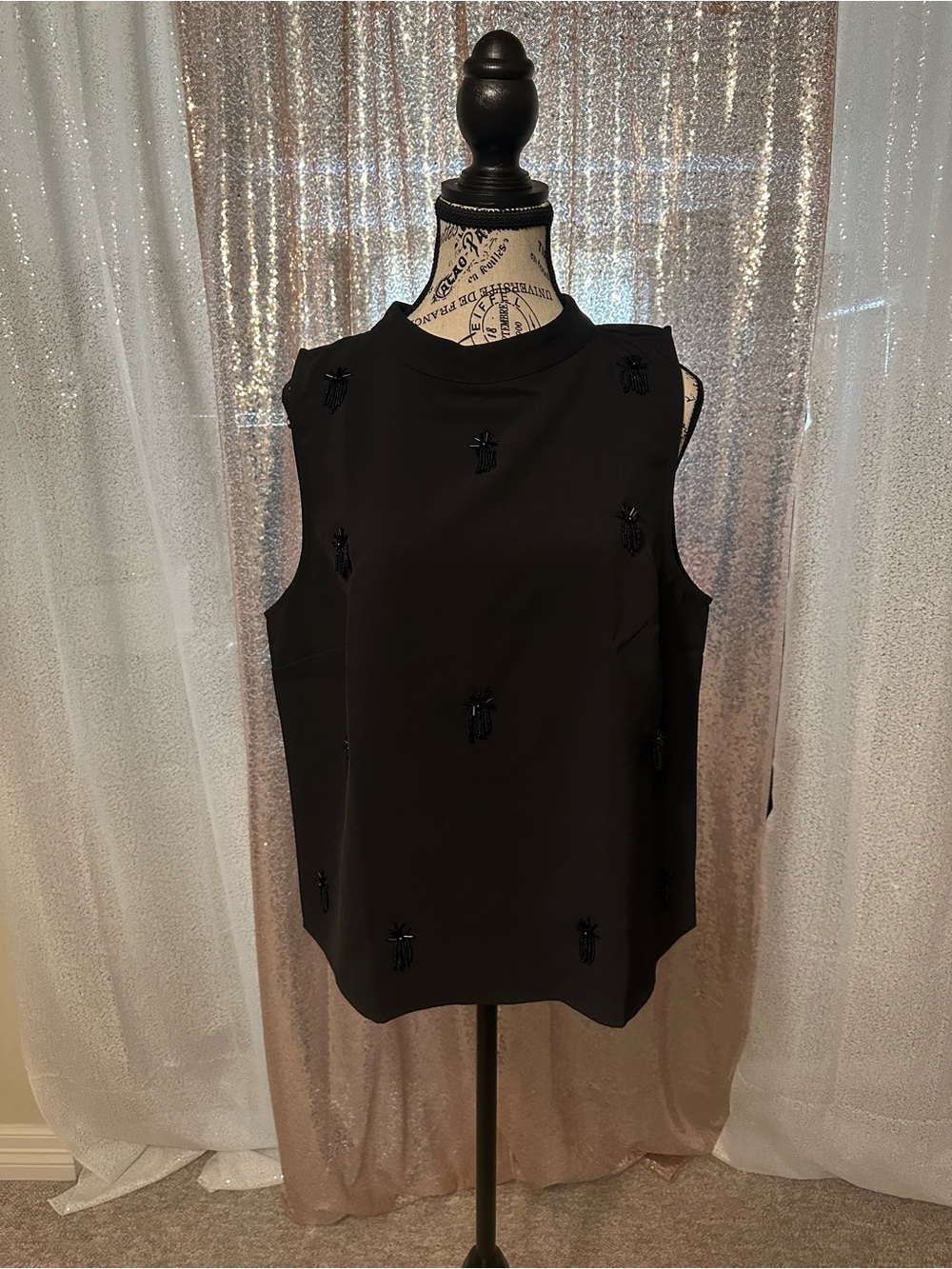 LOFT Black Sleeveless Beaded Embellished Shell